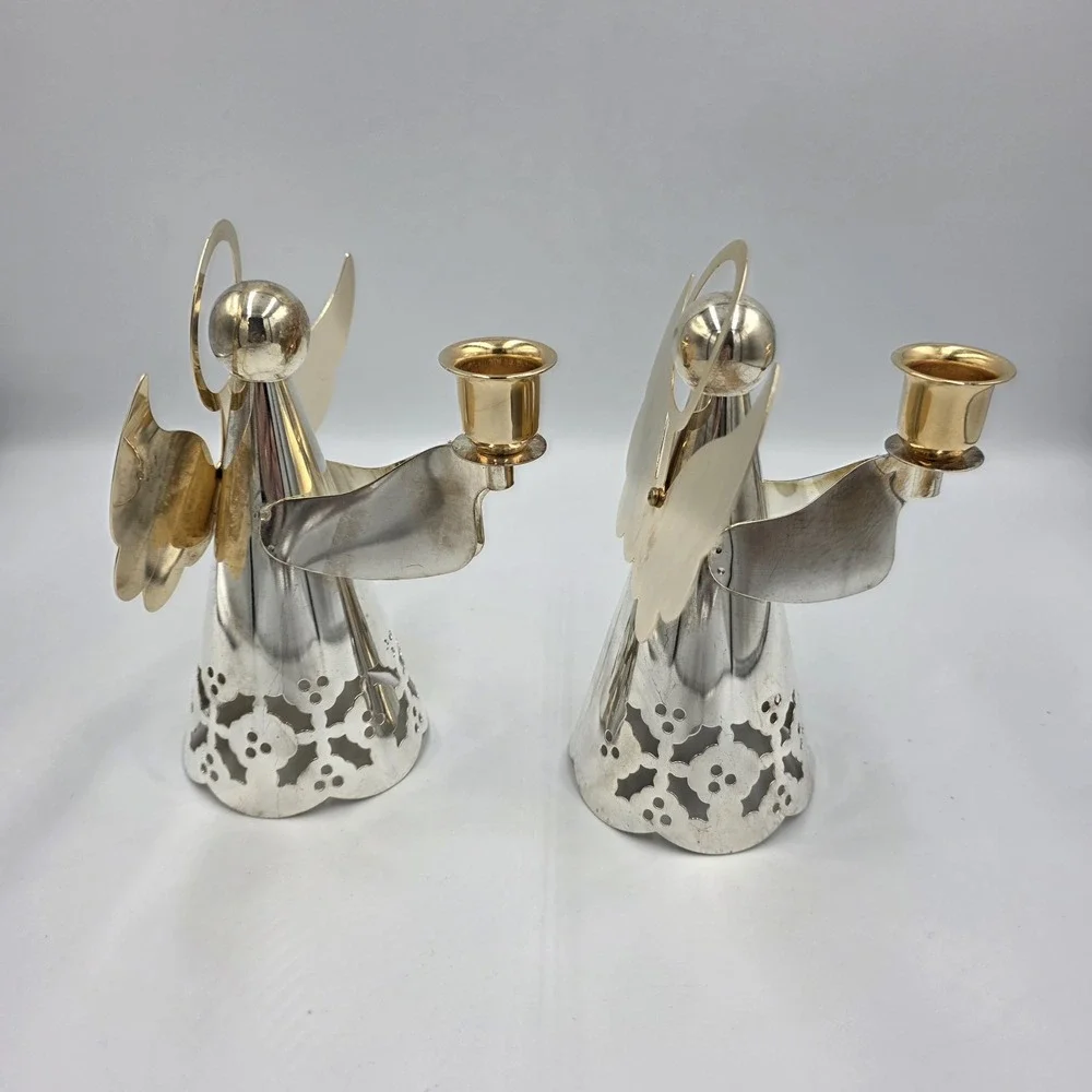 Vtg Internatial Silver Silverplate & Brass Angels‎ Holly Candlestick Holders 6